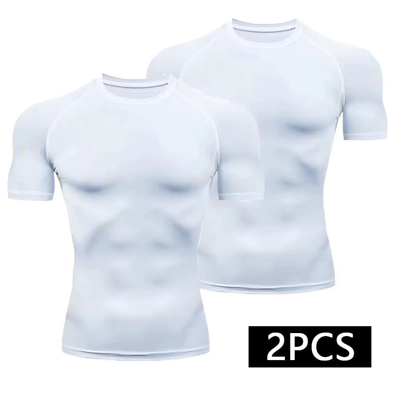 2-Piece Compression T Shirt Men Summer Sportswear Running T-Shirt Elastic Quick Dry Sport Tops Athletic Gym Workout Shirts Men