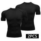 2-Piece Compression T Shirt Men Summer Sportswear Running T-Shirt Elastic Quick Dry Sport Tops Athletic Gym Workout Shirts Men