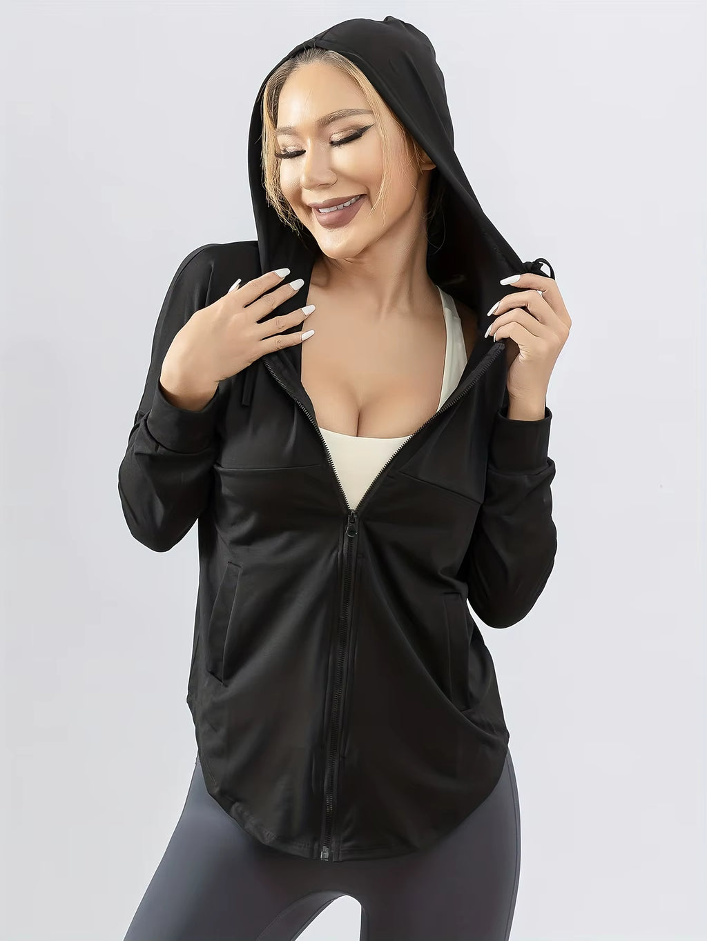 Hooded Sports Coat Women'S Loose Running Smock Large Size Fitness Wear Quick Drying Long Sleeve Yoga Wear Top