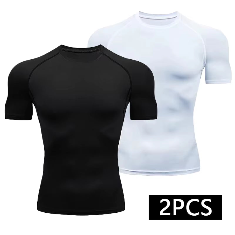 2-Piece Compression T Shirt Men Summer Sportswear Running T-Shirt Elastic Quick Dry Sport Tops Athletic Gym Workout Shirts Men